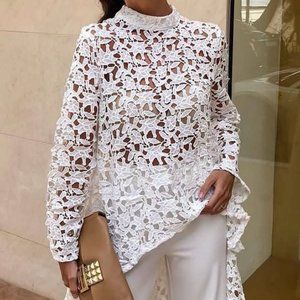 White Lace Crochet Hollow Out Long Sleeve Sexy Hig